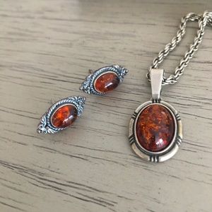 Amber sterling silver necklace and earrings set